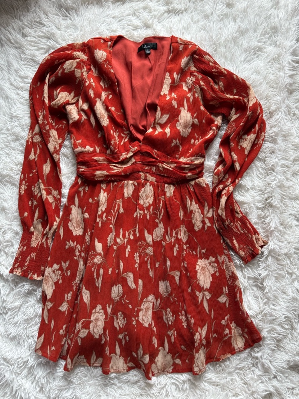 Lulu's Rust Red Floral Long Sleeve V-Neck Mini Dress